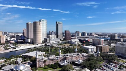 Fototapeta premium Tampa Skyline In Tampa Florida United States. City Skyline Showing Modern And Traditional Architecture. Industrial Landscape Buildings Stunning. Urban Buildings Town. Tampa Florida.