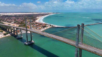 Suspension Bridge In Natal Rio Grande Do Norte Brazil. Cars Driving Towards Downtown City On The...