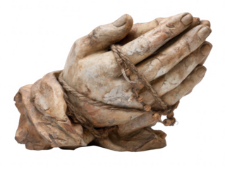 Stone sculpture of praying hands bound with rope and beads religious faith