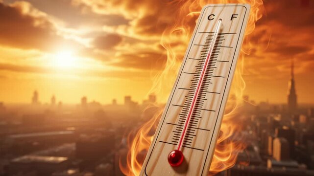 Heat stroke. Thermometer Heat Temperature Summer City Sun Sky Hot sunstroke,exhaustion,hot weather,heat summer,sun exposure,dehydration in high temperature and overheating, medical illness emergency