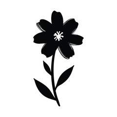 Simple Black Flower Illustration with Stem and Leaves on White Background
