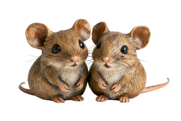 Two cute small field mice sitting together looking forward isolated on transparent background