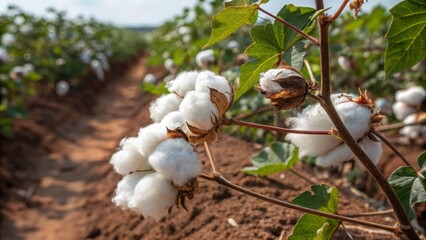 A close-up of a cotton field, with fluffy white cotton bolls bursting from brown husks. The fine fibers are visible in intricate detail, with a background of rich, earthy soil and green leaves