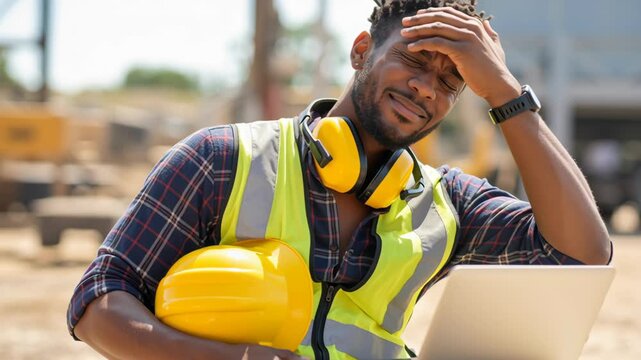 Heat stroke. Construction worker headache heat stress safety sunstroke,exhaustion,hot weather,heat summer,sun exposure,dehydration in high temperature and overheating, medical illness emergency