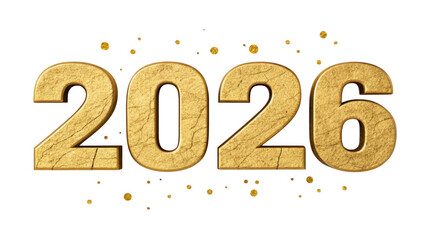 Golden glittery 2026 number with confetti isolated on transparent background