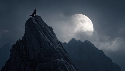 Lone wolf atop a jagged peak under a full moon
