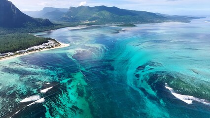 Underwater Waterfall In Le Morne Beach Mauritius Island Mauritius. Turquoise Ocean Waves Gently...