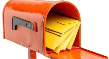 an open orange mailbox with yellow envelopes inside, isolated on a white background, png, transparent