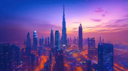 Obraz premium Vibrant sunset over Dubai's skyline, showcasing its modern architecture and illuminated cityscape.