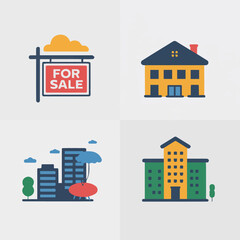 Four real estate icons showing a for sale sign house city buildings and apartment complex in a flat style