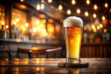 A glass of cold beer with foam on a wooden table in a pub