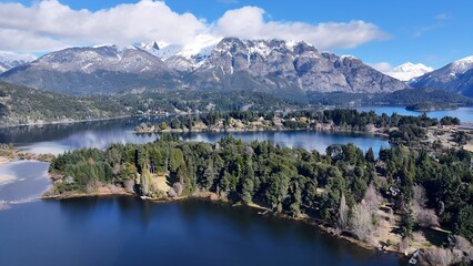 Chico Circuit In San Carlos De Bariloche Rio Negro Argentina. Birds Eye View Of Peaceful Mountains Valley And Forest Trees. Outdoor Tourism Icon Patagonia Glacier. Snow Covered High Angle View.