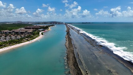 Fototapeta premium Northeastern Brazil Skyline In Port Of Chickens Pernambuco Brazil. Bird Eye View Of A Amazing Coastal Beach In The Summer Holiday. Shore Sky Clouds Beach Sea. Seaside Panorama.
