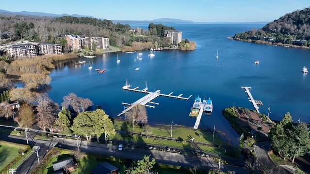 Harbor Pier In Pucon Los Lagos Chile. Aerial View Of Stunning Beach With Crystal Clear Waters. Infrastructure Landscape Company Building Stunning. Infrastructure Urban. Pucon Los Lagos.