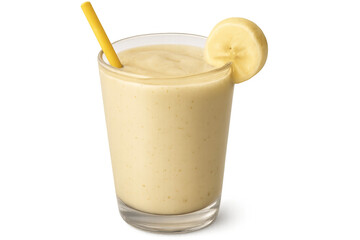 Refreshing banana smoothie with yellow straw and banana slice on transparent background