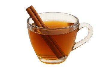 Hot apple cider with cinnamon sticks in glass cup on transparent background