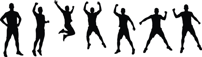 Silhouette of jumping men, full body vector illustration, male celebration pose, energetic action, isolated black figures on white background.eps
