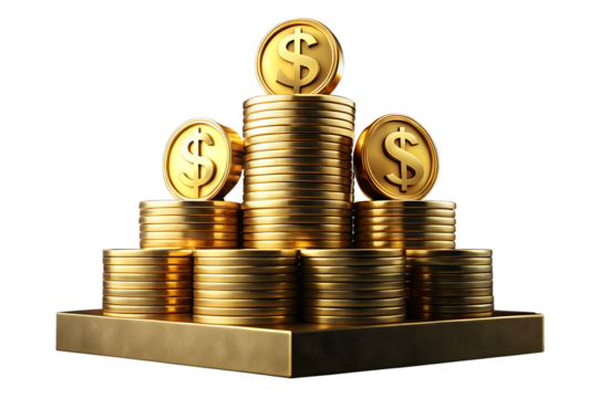 Photo of a pyramid of gold coins with dollar signs, isolated on a transparent background, representing wealth and financial success