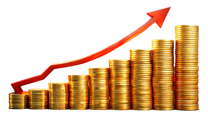 Photo of financial growth represented by stacks of gold coins and an upward trending red arrow, symbolizing success and profit in business and investment, isolated on transparent background