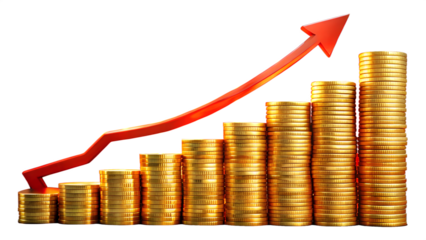 Photo of financial growth represented by stacks of gold coins and an upward trending red arrow, symbolizing success and profit in business and investment, isolated on transparent background