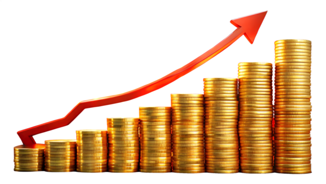 Photo of financial growth represented by stacks of gold coins and an upward trending red arrow, symbolizing success and profit in business and investment, isolated on transparent background