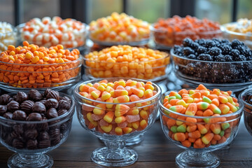 Glass bowls filled with colorful candies on a table.