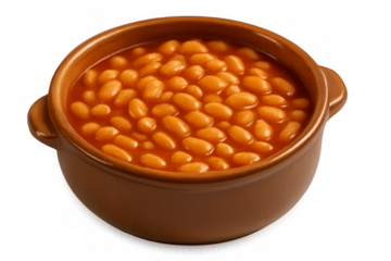 Baked beans in tomato sauce filling a brown ceramic bowl on transparent background