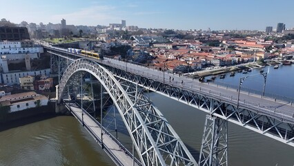 Luis I Bridge In Porto Portugal. Aerial View Of Urban Railway Station With Buildings In Background....