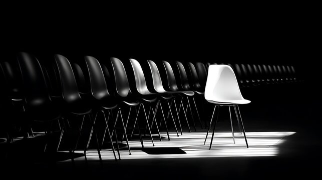 a single white chair in a conference room full of black chairs, high contrast, minimalistic scene expressing alienation and difference, shadow emphasis, 