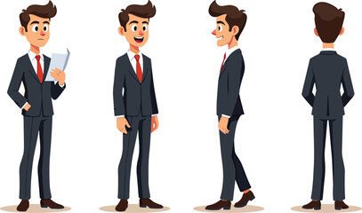 Cartoon Businessman Character in Suit – Multiple Poses and Views