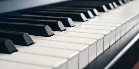 Naklejka premium Close-up of piano keys in a horizontal view, showcasing the contrast between black and white keys in a minimalistic style