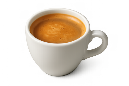 Perfect espresso coffee with crema in white cup on transparent background