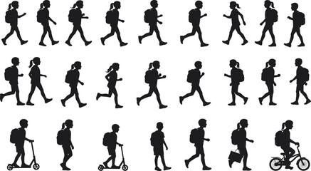 Silhouette of school children walking, running, and riding scooter or bicycle, kids with backpacks, student commute.eps