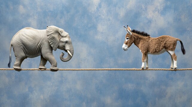 An elephant and a donkey walking on a tightrope against a cloudy sky, a metaphor for political rivalry and bipartisanship.