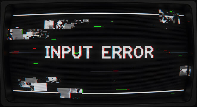 Vintage Television Screen Displaying 'INPUT ERROR' Message with Glitch Effect and Retro Static Noise, Representing Data Corruption and Obsolete Technology Breakdown - Powered by Adobe