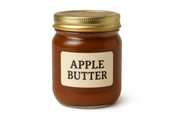 Glass jar of apple butter with gold lid on transparent background