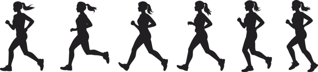 Obraz premium Silhouette of woman jogging, female runner in motion, fitness training illustration, athletic exercise pose, health lifestyle vector graphic.eps