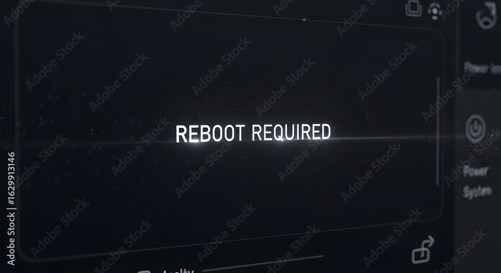 Wall mural digital screen displaying 'reboot required' message with technological interface and power icons, su