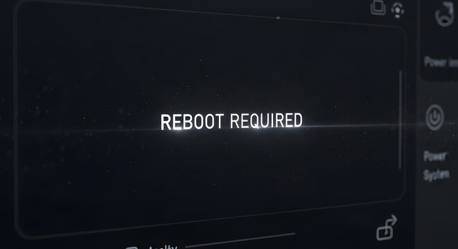 Digital screen displaying 'Reboot Required' message with technological interface and power icons, suggesting system update or restart