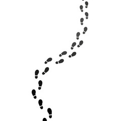 A trail of black footprints receding diagonally across a stark white background in a minimalist style