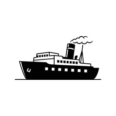 Obraz premium A black and white illustration of a ferry boat with smoke coming from the smokestack on a white background