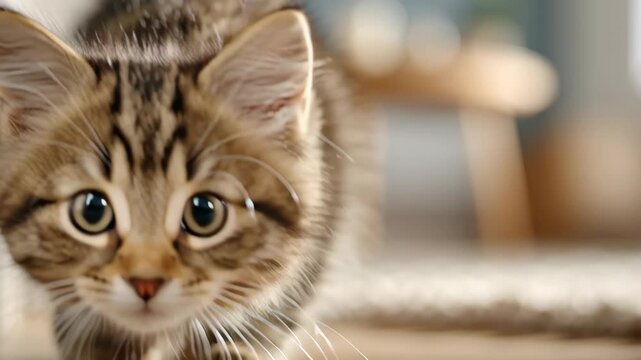 Adorable Furry Tabby Cat and Kitten with Big Round Eyes Exploring Cozy Indoor Environment, Showcasing Playful Curiosity and Innocence Cute Pet Animal