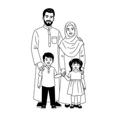 A black and white line drawing of a muslim family posing together with a father mother and two children