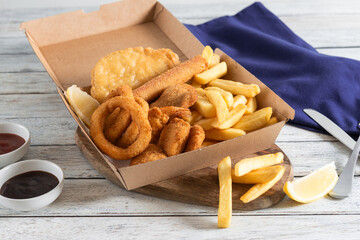 Delicious Seafood Feast on a Rustic Wooden Tray