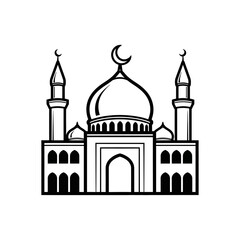 A black and white line drawing of a mosque with minarets and a crescent moon on top of the dome