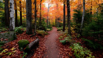 Narrow path through a vibrant autumn maple forest Generative AI