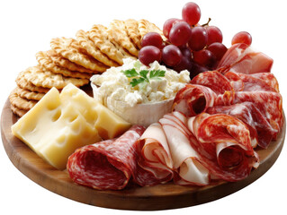 Obraz premium Delicious Cheese and Meat Platter with Crackers and Grapes A Gourmet Food Presentation