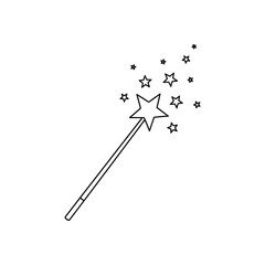 A simple black and white line drawing of a magic wand with stars on a white background image view