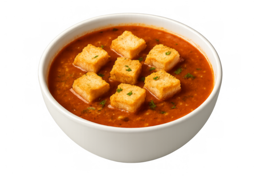 Tomato soup with croutons and parsley in a white bowl on transparent background - Powered by Adobe