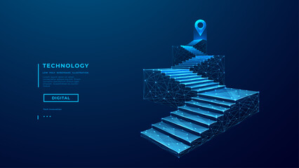Concept of the path to success. Digital stairs with abstract podiums and staircase set on technology blue background. Abstract location pin. Tech low poly wireframe vector illustration.